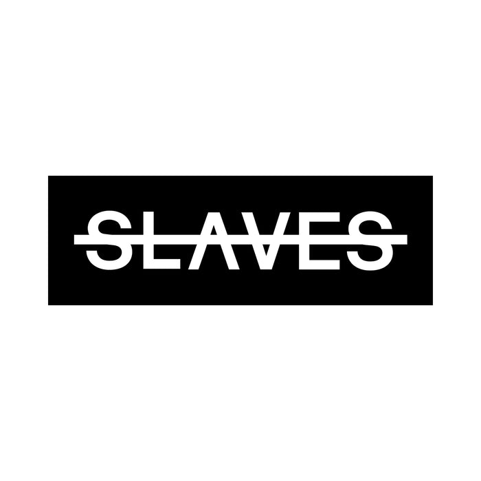The brand name Slaves is displayed in bold white capital letters, centered on a solid black rectangle with a horizontal white line running through the middle of the text.