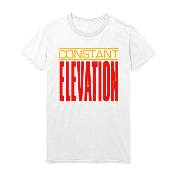 Constant Elevation white T-shirt featuring “CONSTANT” in yellow uppercase above “ELEVATION” in bold red uppercase letters.