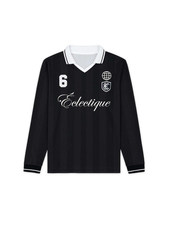 Long Sleeve Soccer Jersey in black with white collar and embroidered logo, featuring a number 6 and tonal striped fabric.