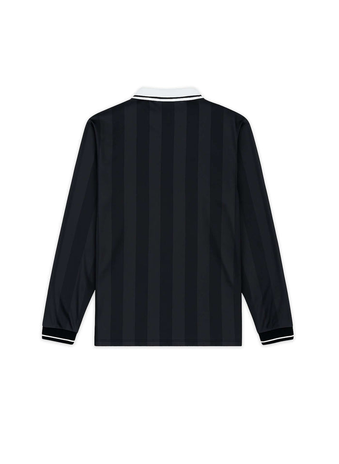 Back view of Long Sleeve Soccer Jersey featuring tonal striped fabric and ribbed collar.
