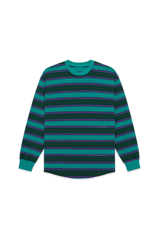 Long sleeve t-shirt in Emerald Drift pattern with green and purple stripes, made from soft cotton.