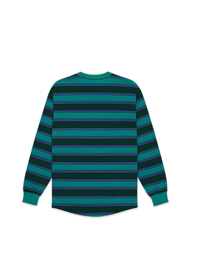 Back view of long sleeve t-shirt in Emerald Drift pattern, featuring stripes in green and purple, showcasing its relaxed design.