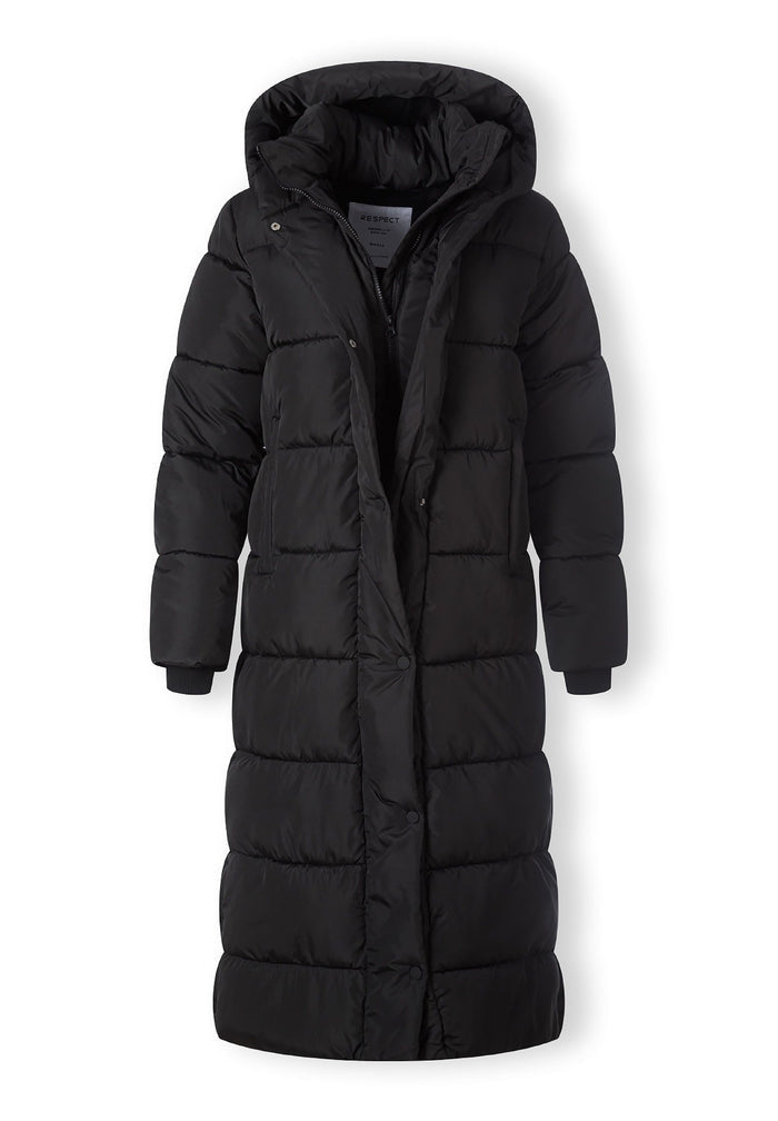 Long black padded winter coat with hood and zip pockets, front view.