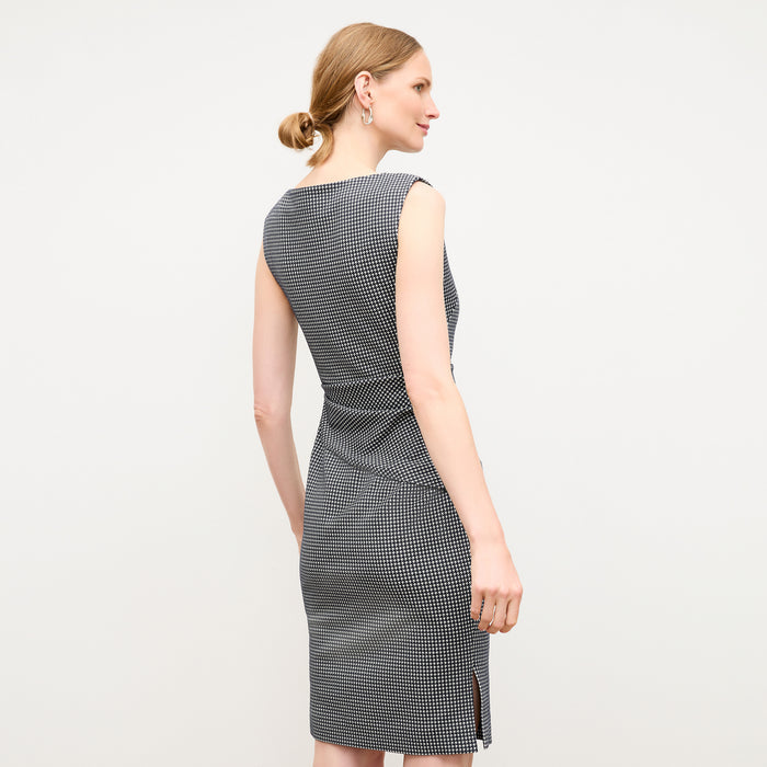 back image of a woman wearing the maisie dress in stretch houndstooth