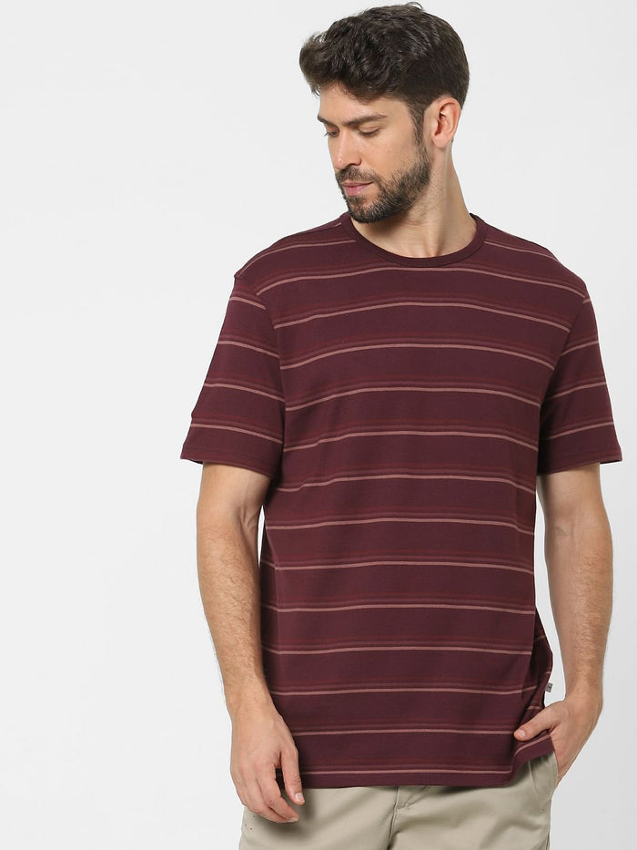 Maroon Striped Crew Neck T-Shirt