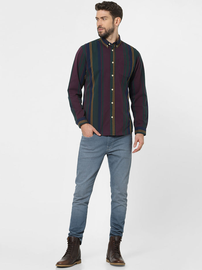 Maroon Striped Full Sleeves Shirt
