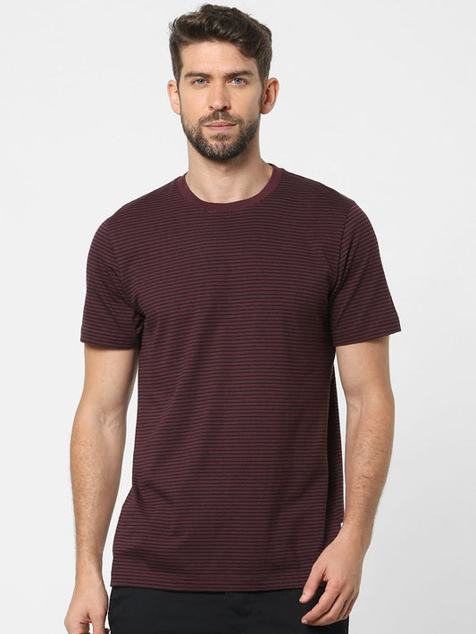 Maroon Striped Organic Cotton Crew Neck T-Shirt