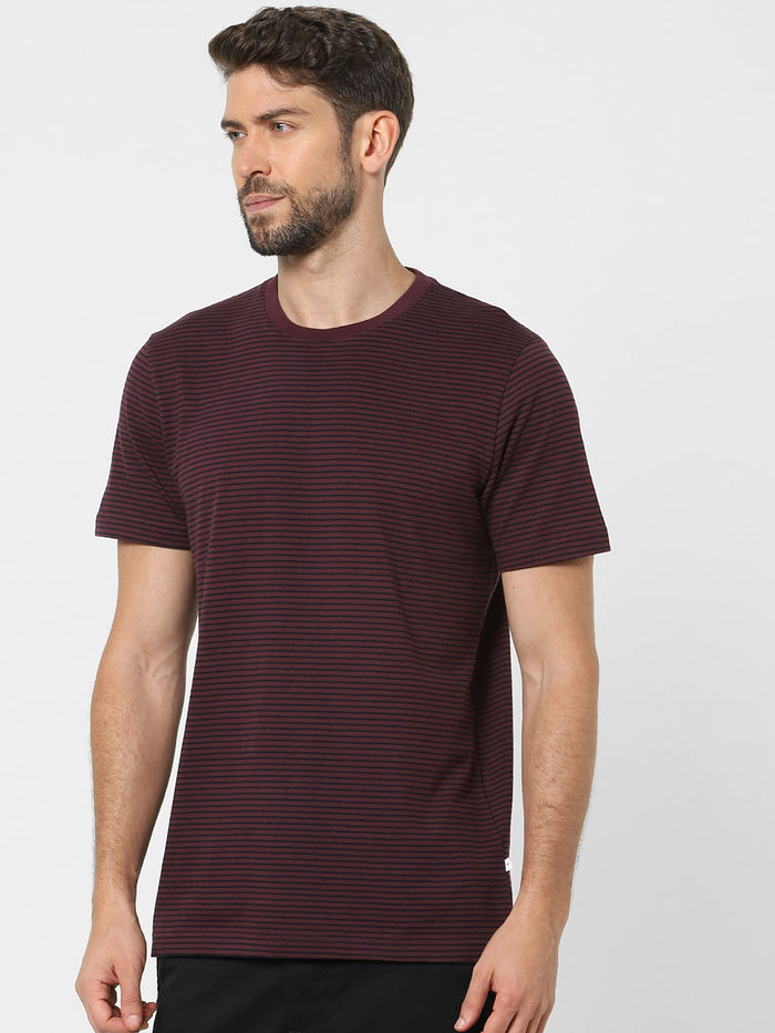 Maroon Striped Organic Cotton Crew Neck T-Shirt