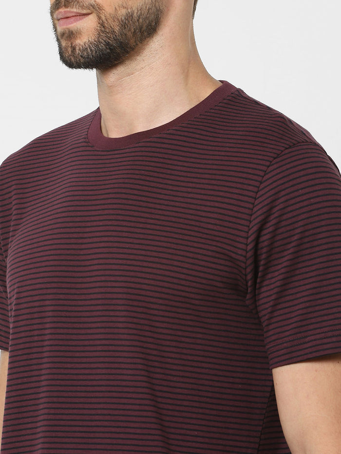 Maroon Striped Organic Cotton Crew Neck T-Shirt