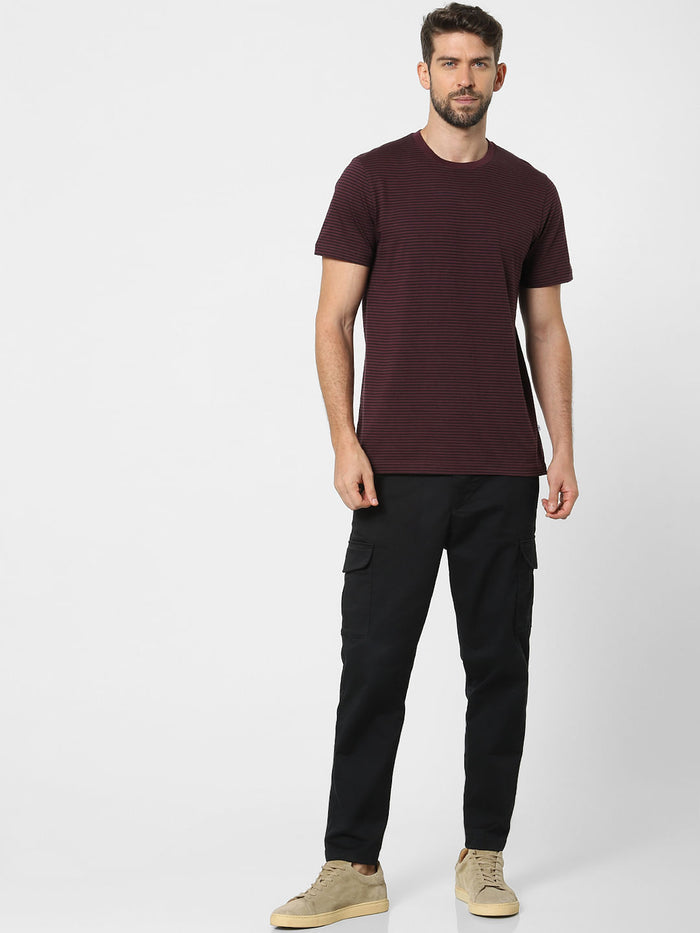 Maroon Striped Organic Cotton Crew Neck T-Shirt