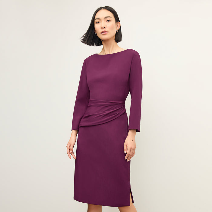 front image of a woman wearing the maxine dress in plumberry | Lead
