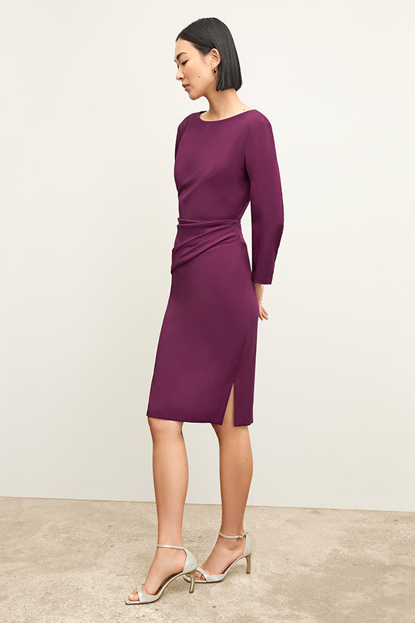 front image of a woman wearing the maxine dress in plumberry | Exclude | Grid