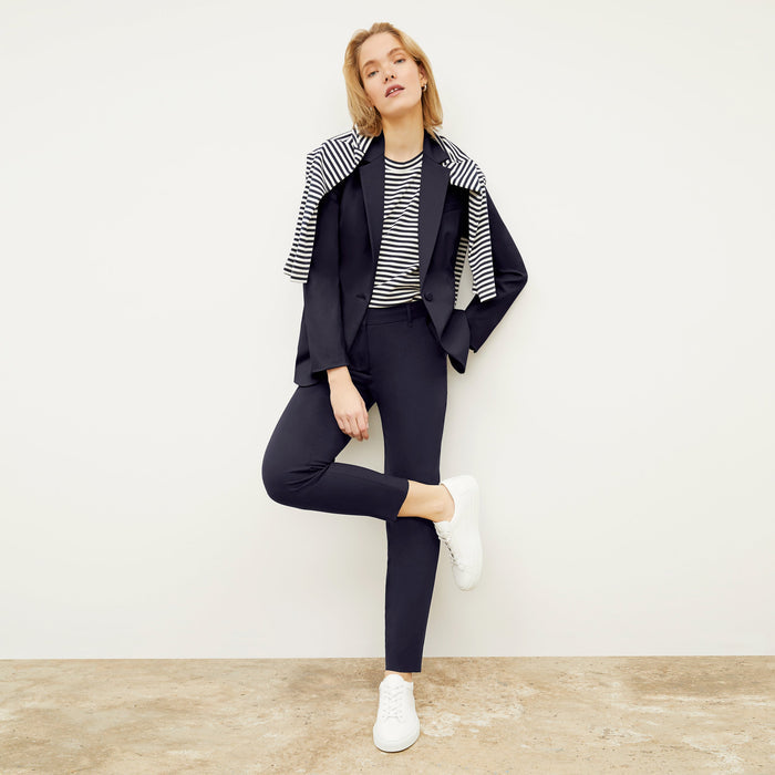 Front image of a woman wearing the Mejia pant in Galaxy Blue