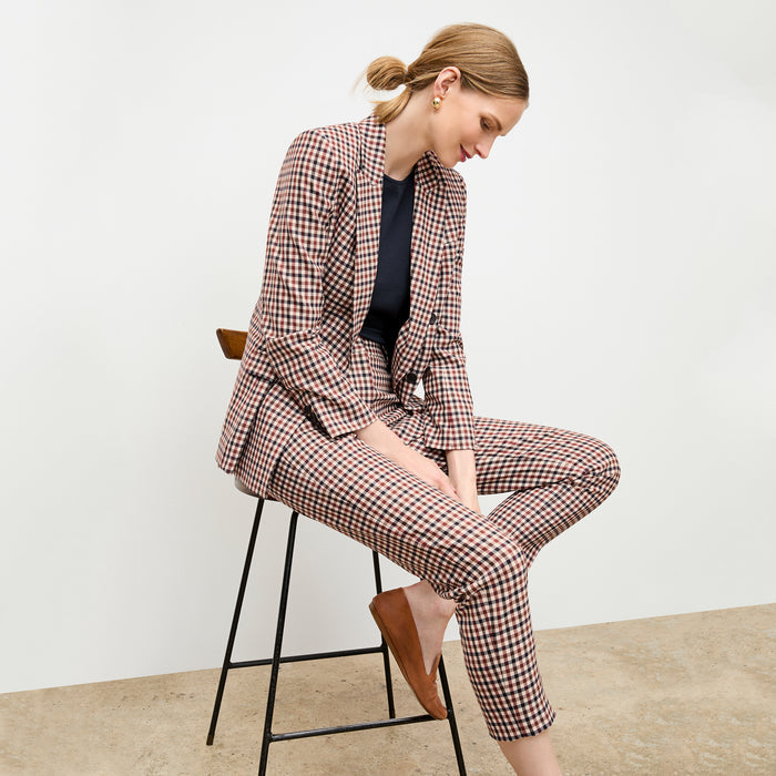 front image of a woman wearing the mejia pant in windowpane