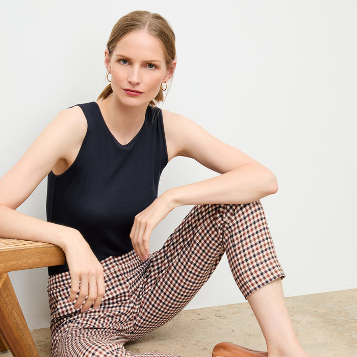 front image of a woman wearing the mejia pant in windowpane