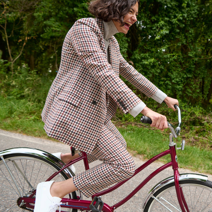 image of a woman wearing the mejia pant in windowpane