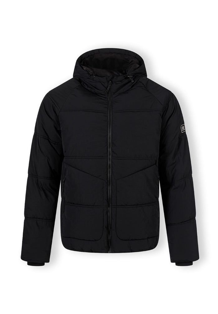 Boys quilted black jacket with hood, zip pockets, and elasticated cuffs.