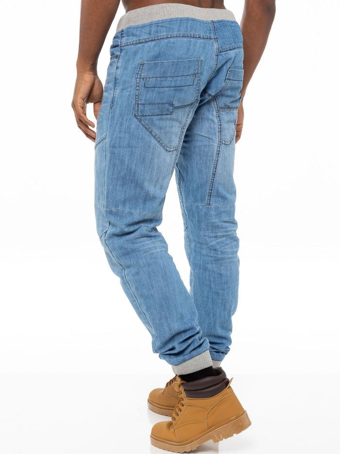 EZ377 Mens Denim Cuffed Joggers Jeans | Enzo Designer Menswear ENZO RAWDENIM