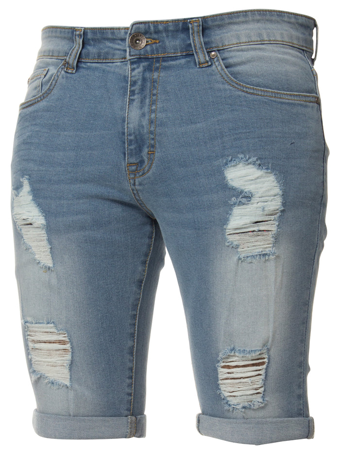 EZS383 Mens Denim Skinny Fit Distressed Shorts | Enzo Designer Menswear ENZO RAWDENIM
