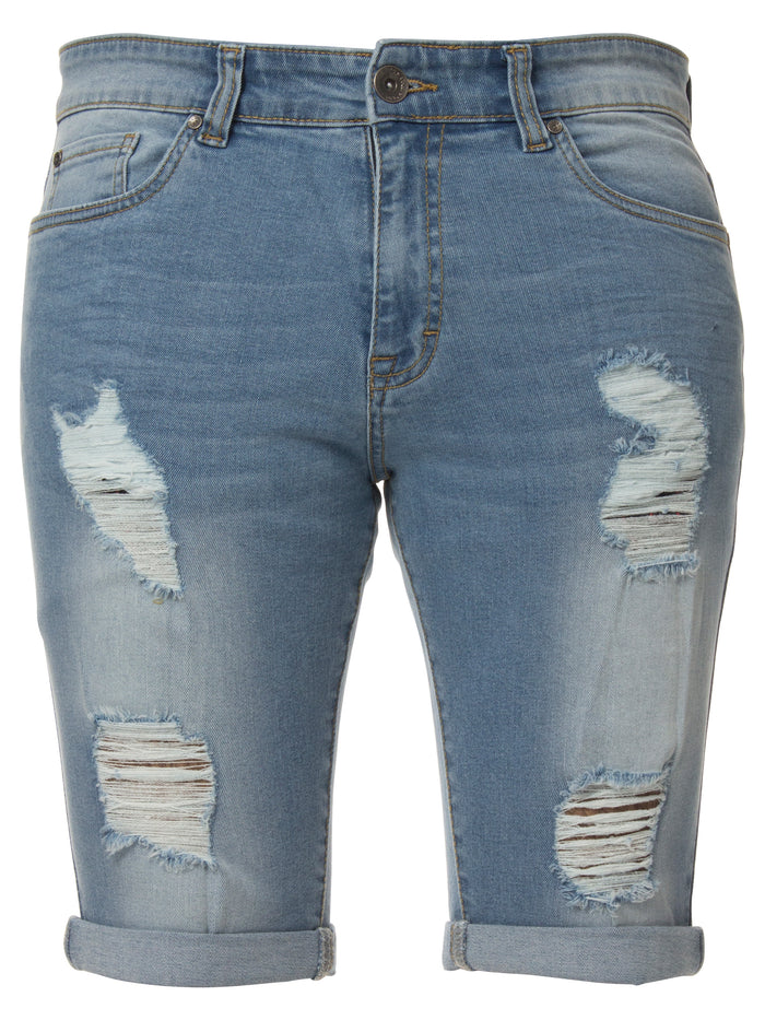 EZS383 Mens Denim Skinny Fit Distressed Shorts | Enzo Designer Menswear ENZO RAWDENIM