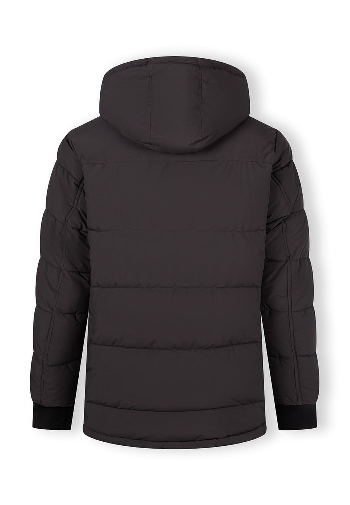 Men's long grey jacket, back view, featuring a fixed hood and elasticated cuffs.