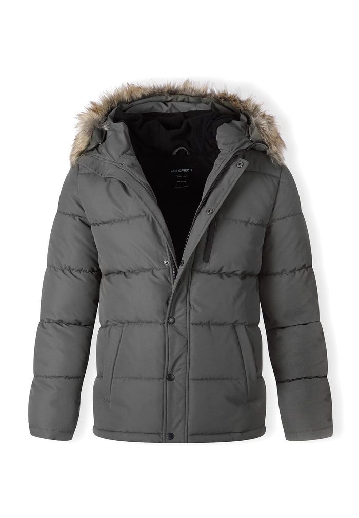 Men's grey padded jacket with faux fur trim, front view, featuring a zip chest pocket and hood.