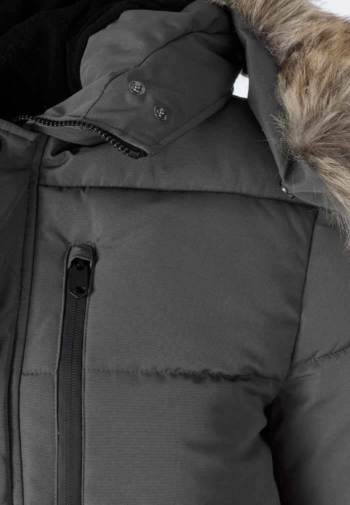 Close-up of a grey padded men's jacket featuring a faux fur trim hood and a zip chest pocket.