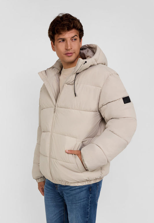 Men's grey ripstop jacket with high collar and elastic cuffs, front view.
