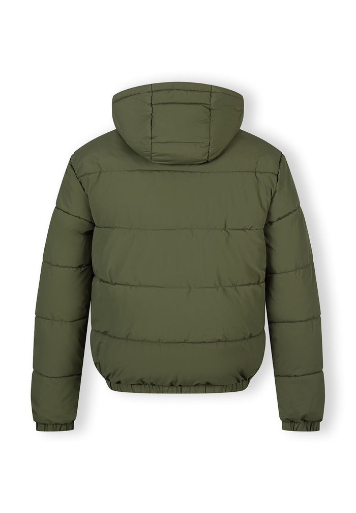 Back view of a khaki men's ripstop jacket with an adjustable hood and elasticated hem.