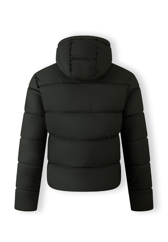 Back view of a men's khaki padded jacket with a hood and elasticated cuffs.
