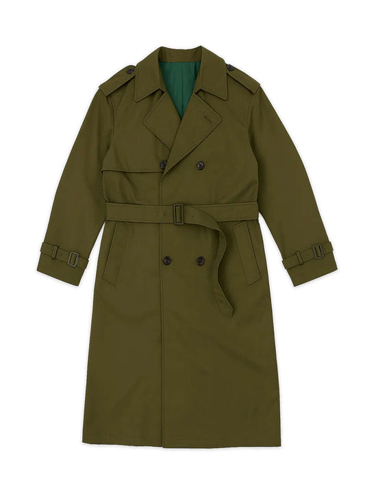 Men's Olive Trench Coat front flatly