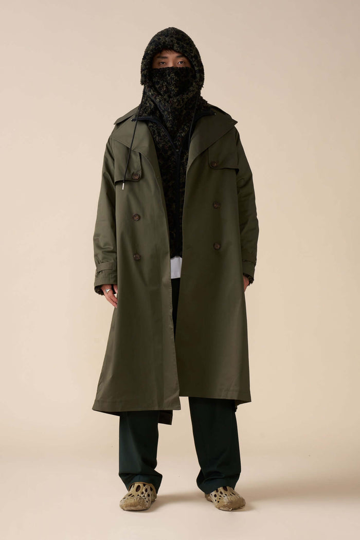 front view of model wearing Men's Olive Trench Coat