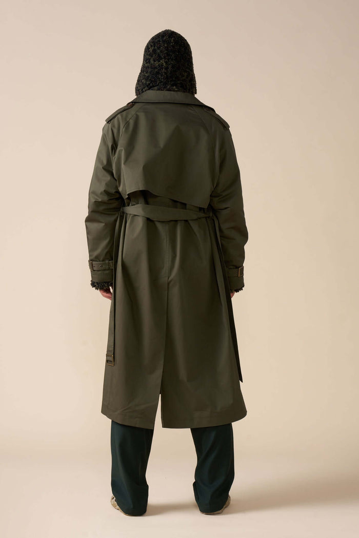 back view of model wearing Men's Olive Trench Coat