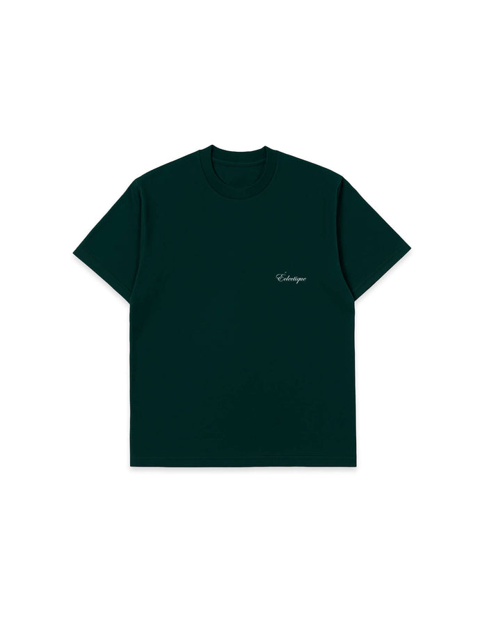 Men's oversized embroidered t-shirt featuring Éclectique logo on the left chest in a stylish dark green color.