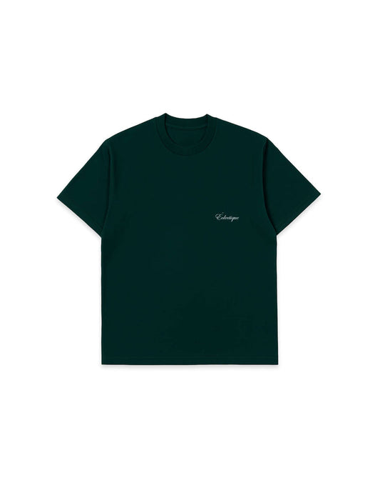 Men's oversized embroidered t-shirt featuring Éclectique logo on the left chest in a stylish dark green color.