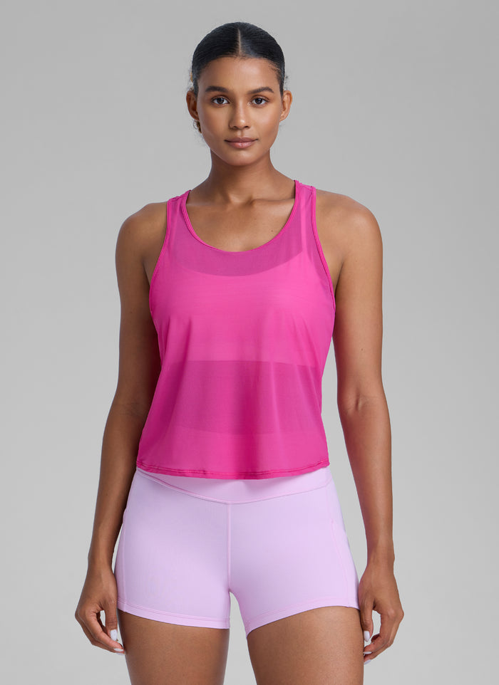 CRZ YOGA Women's Yoga Mesh Relaxed Fit Tops U Neck Tank Hibiscus Purple