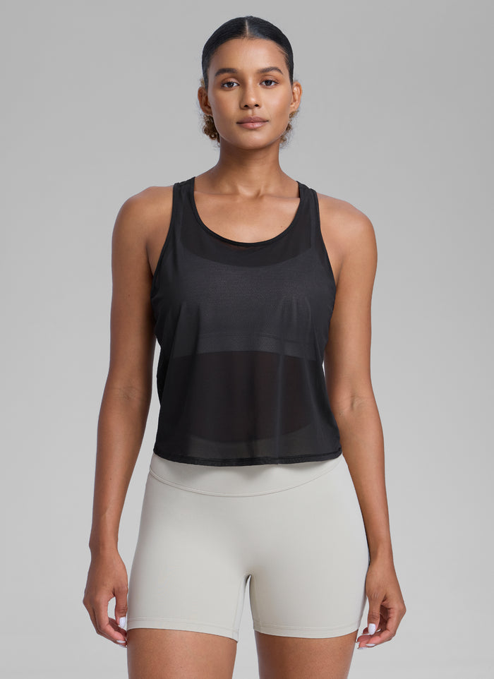 CRZ YOGA Women's Yoga Mesh Relaxed Fit Tops U Neck Tank Black