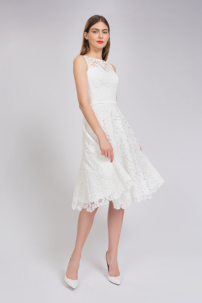 Midi Modest Boat Neck Lace Wedding Dress Briget
