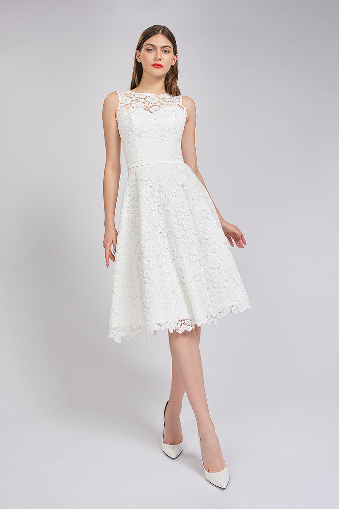 Midi Modest Boat Neck Lace Wedding Dress Briget