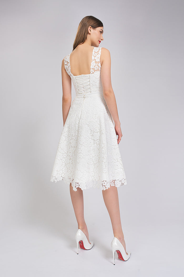 Midi Modest Boat Neck Lace Wedding Dress Briget