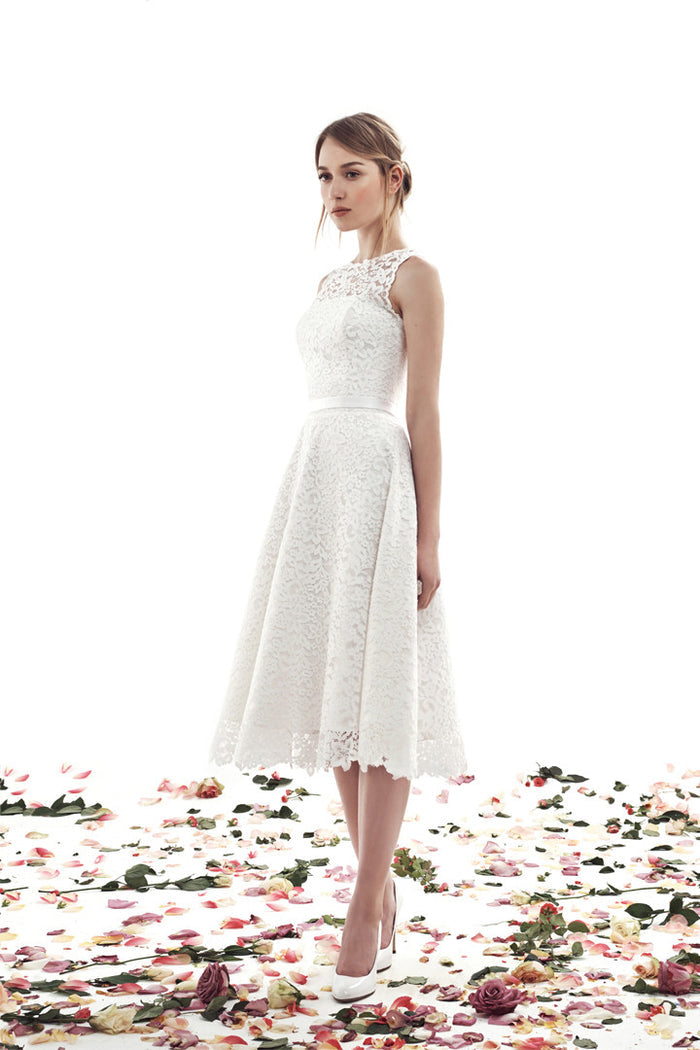 Midi Modest Boat Neck Lace Wedding Dress Briget
