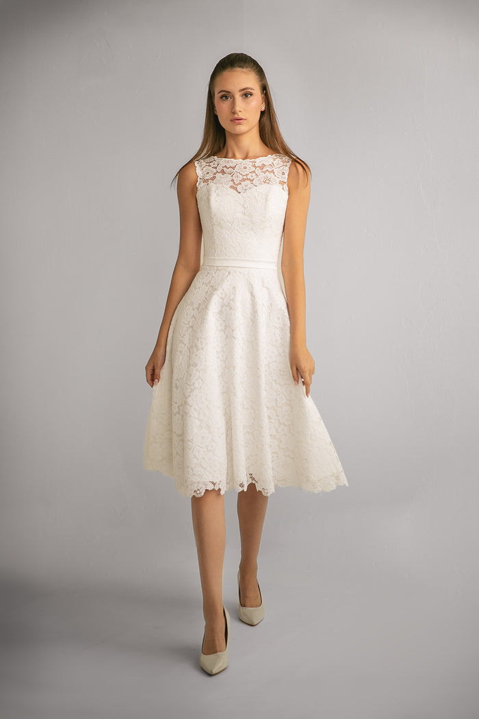 Midi Modest Boat Neck Lace Wedding Dress Briget