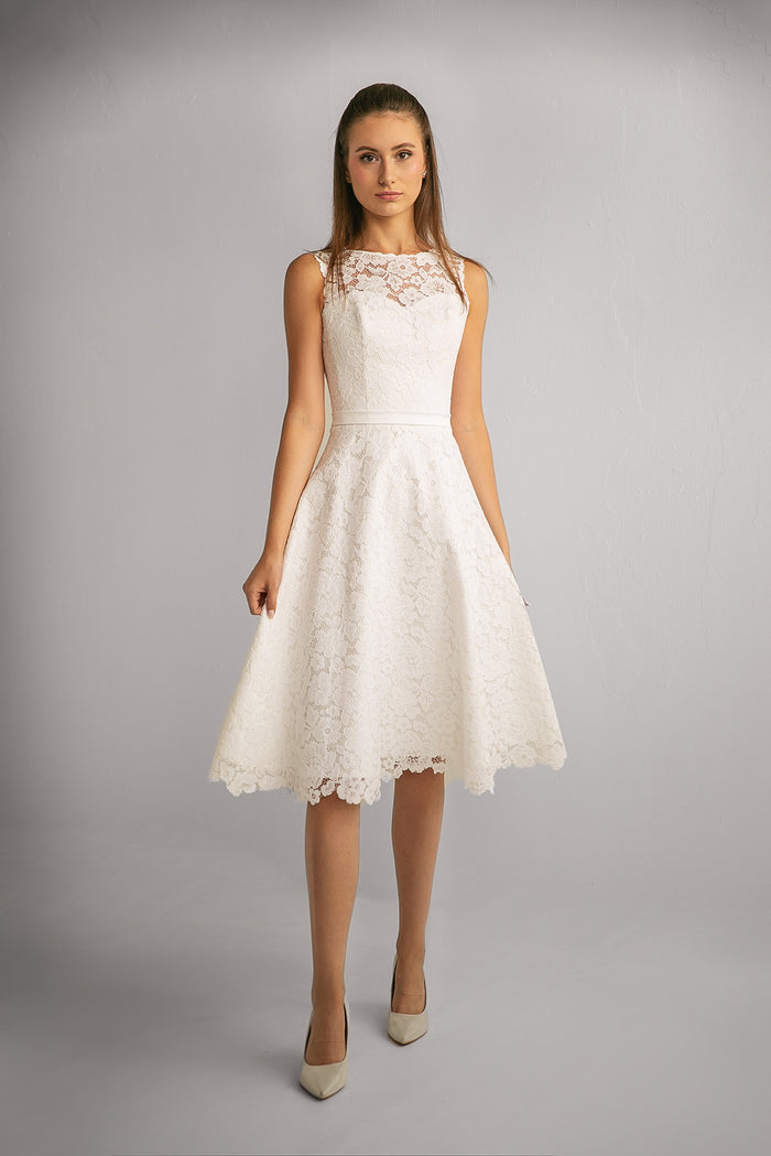 Midi Modest Boat Neck Lace Wedding Dress Briget