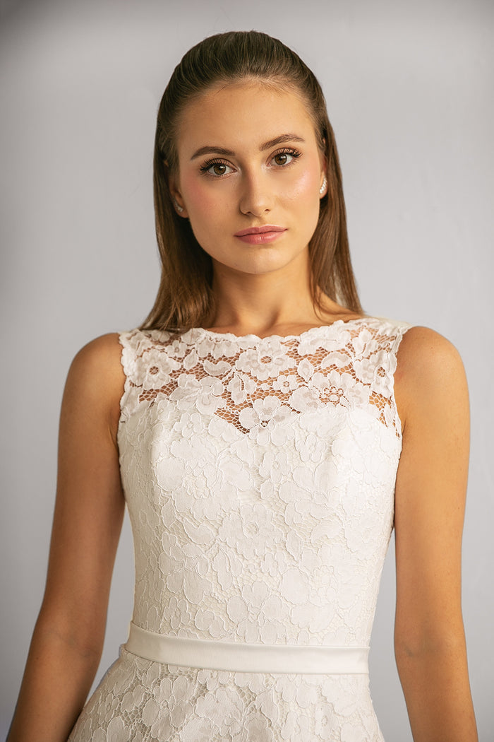 Midi Modest Boat Neck Lace Wedding Dress Briget
