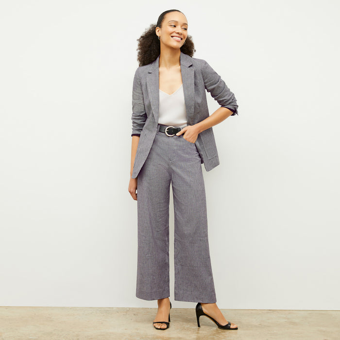 front image of a woman wearing the milo pant in gingham linen | Lead