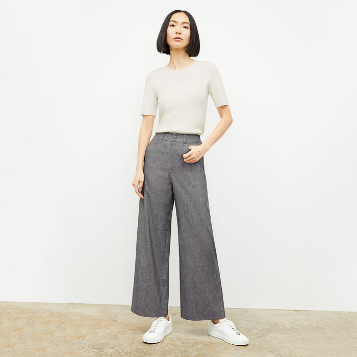 front image of a woman wearing the milo pant in gingham linen