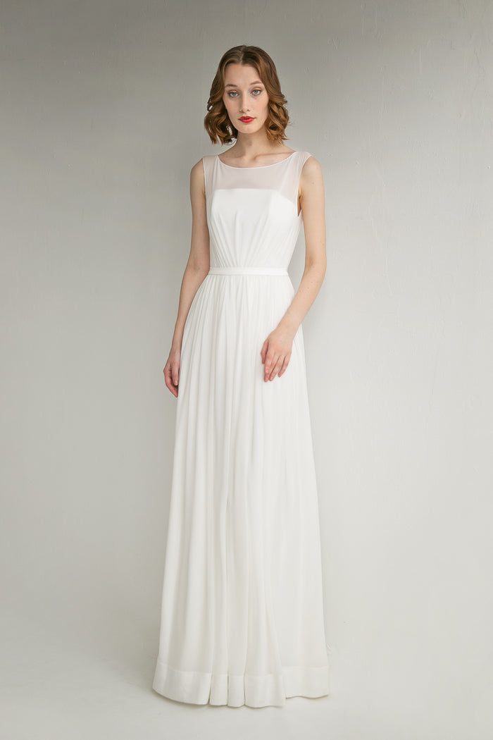 MINIMALIST BOAT NECK CHIFFON WEDDING DRESS AVELINA