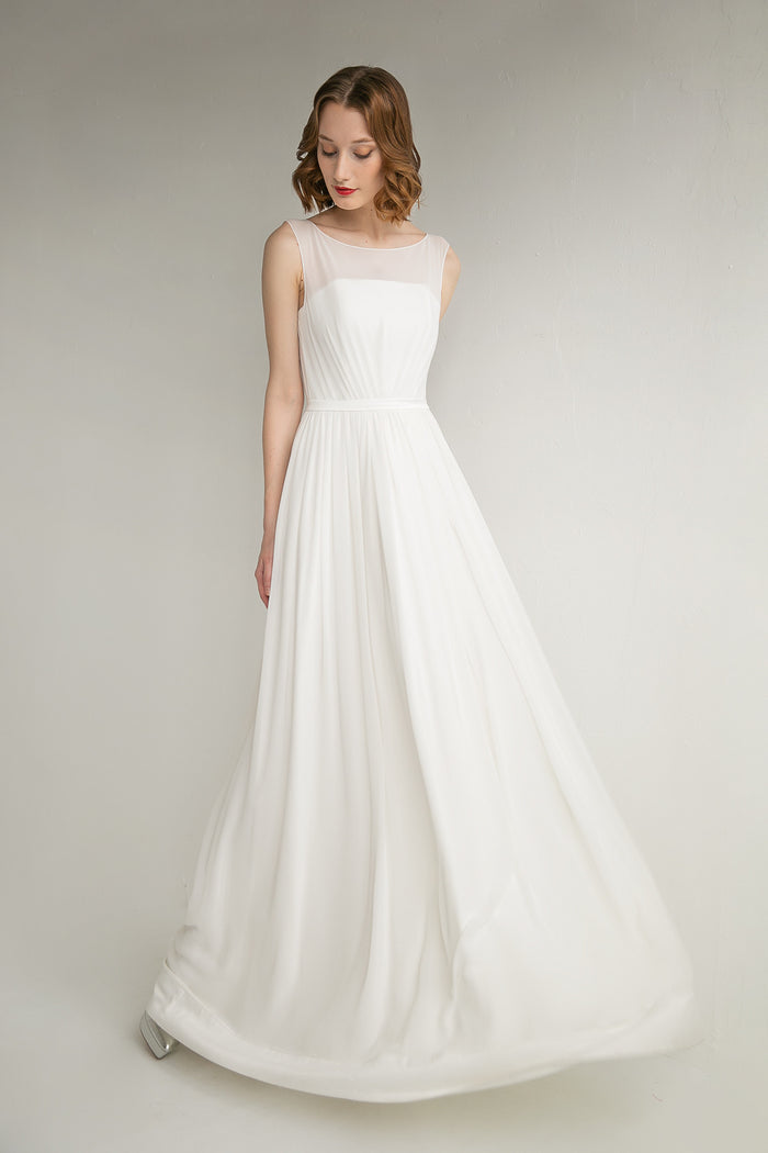 MINIMALIST BOAT NECK CHIFFON WEDDING DRESS AVELINA