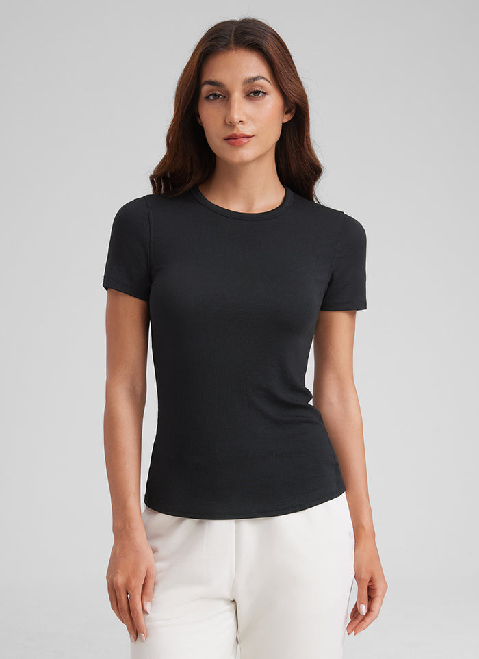 CRZ YOGA Womens Fitted Casual Ribbed Modal Crew Neck Short Sleeves Black