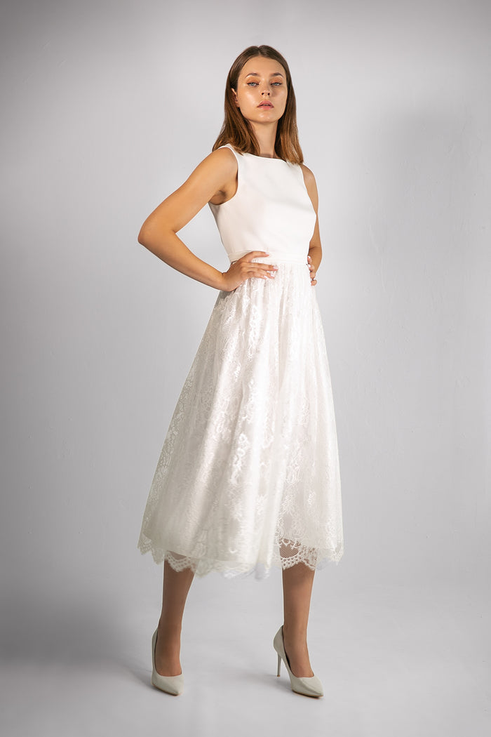 Modest Satin Midi Dress Lynn WIth Lace Skirt